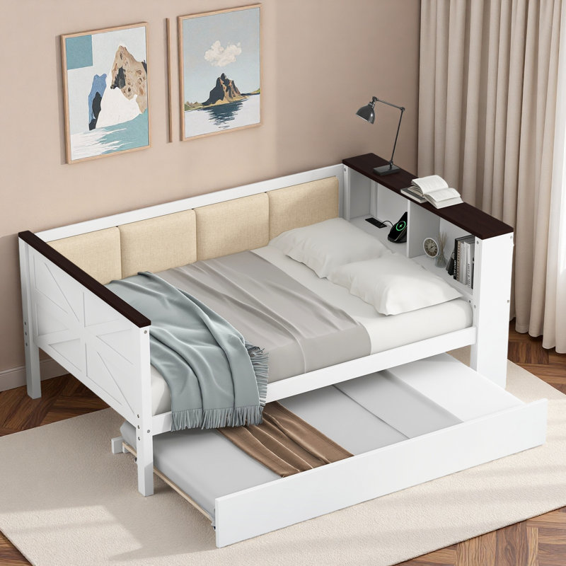 Lit de jour en bois avec tablettes de rangement, dossier rembourré et USB, Lit simple