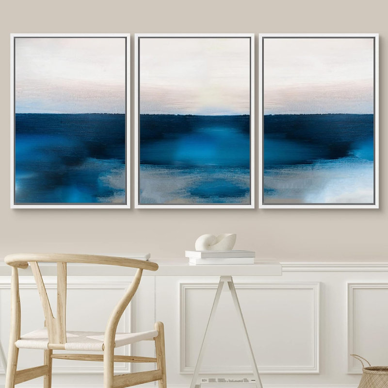 «Minimal Landscape Abstract Blue Ocean Horizon Landscape», impression sur toile 3 pièces, H 36 po x l 72 po x P 1,5 po, Blanc