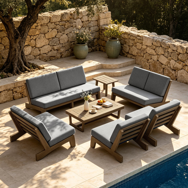 Ensemble de conversation Polett, 7 pièces: 2 tables, 2 causeuses, 2 chaises, canap, Grey, Brun