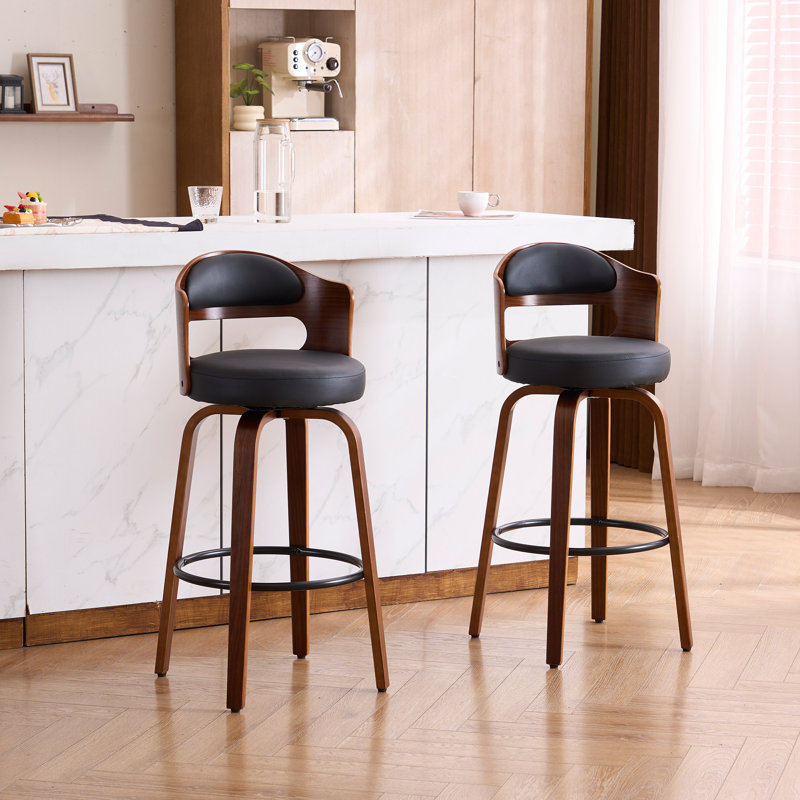 Set of 2 Bar Height Bar Stools, Modern Wood Swivel Bar Chairs with Cushioned Seat, Easy Clean Faux leather Upholstery, Sturdy Kitchen Island & Home Bar Stools, Easy Assembly,Black