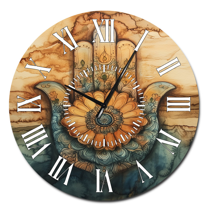 Horloge murale ronde silencieuse en métal Hamsa Protection - Style bohème, Surdimensionné