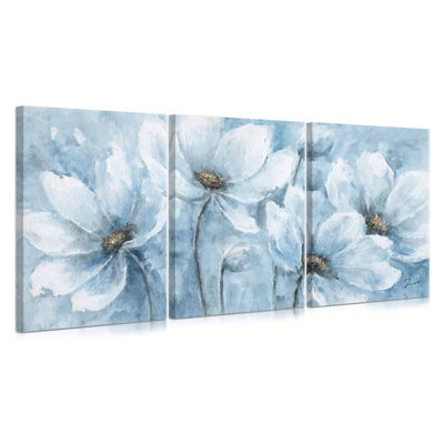 Décoration murale fleur de magnolia: art mural en toile fleur bleue et blanche pour cadre de peinture florale de chambre à coucher prêt à être accroché (panneaux de 12 po x 16 po x 3 po)