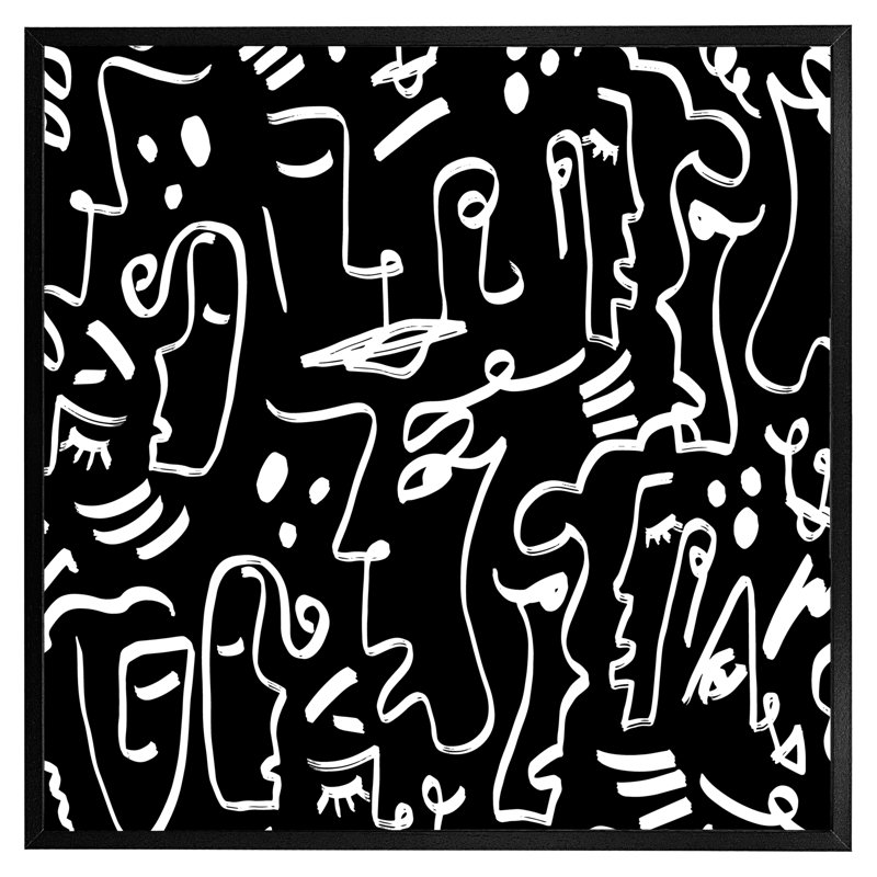 Ocotillo Faces, Masks And Geometric Shapes Repeating - Single Picture Frame Print, 61cm H x 61cm W x 4cm D, Black Framed