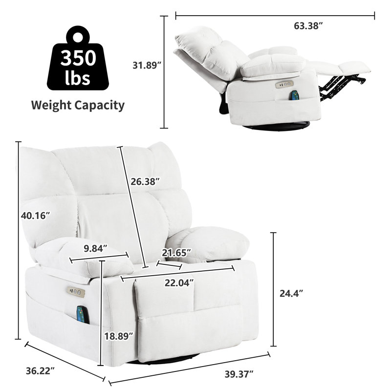 37.79" Wide Swivel Zero Gravity Recliner, White