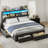  Bed Frame With Hidden Storage Headboard & Drawers, Upholstered Full Platform Bed With Led Lights, Type-C Charging Station, No Box Spring Needed, Solid Wood Slats-20985140-20985136