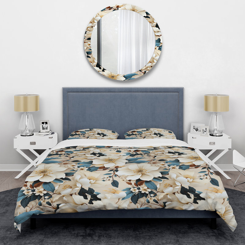Ensemble de housse de couette beige et bleu Sandy, Housse de couette pour grand lit et 2 taies décor