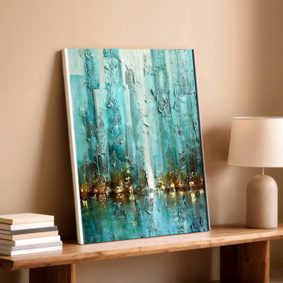 Abstract Blue Teal Textured Cityscape Painting Modern Canvas Wall Art Print, Abstract Modern Urban City Skyline Blue Accent Red Accent Home Decor For