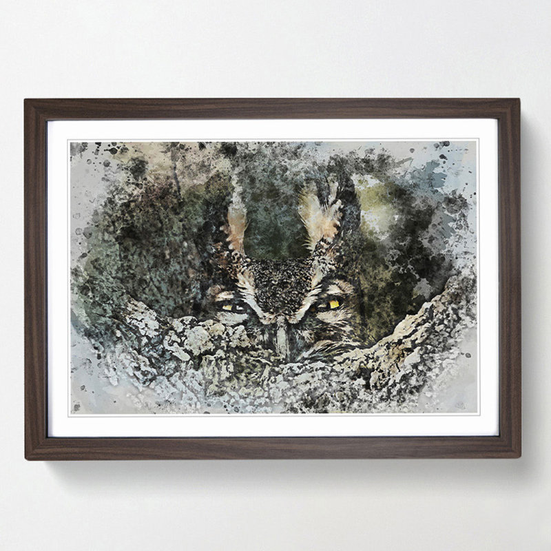 Long-Eared Owl in Abstract - Picture Frame Painting Print, 27cm H x 36cm W x 2cm D, Walnut Framed