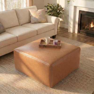 Large Square PU Leather Upholstered Ottoman with Solid Wood Frame, Ottoman Coffee Tablel  for Living Room Bedroom