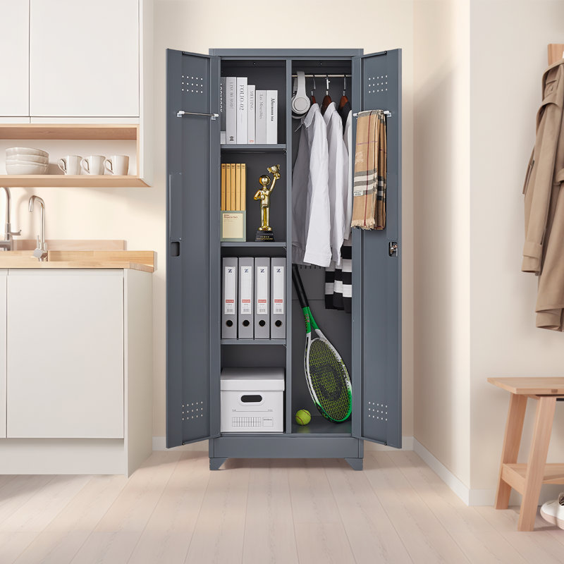 Grande armoire à outils en acier avec cadre renforcé, surface antirouille, portes verrouillables et tablettes réglables, Gris