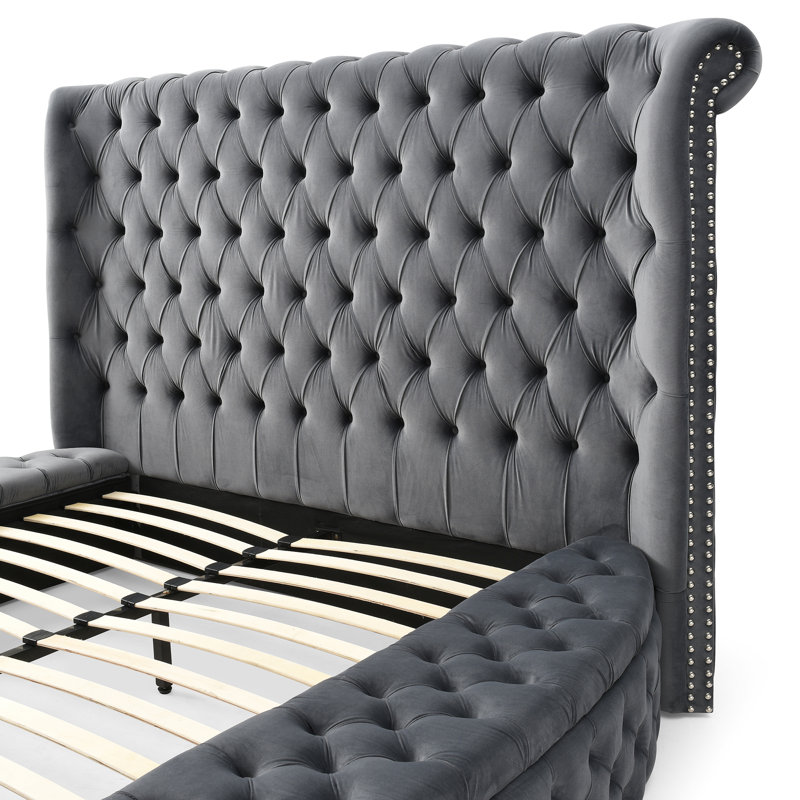 Lit avec rangement en velours Mirna, Grand lit, Gris