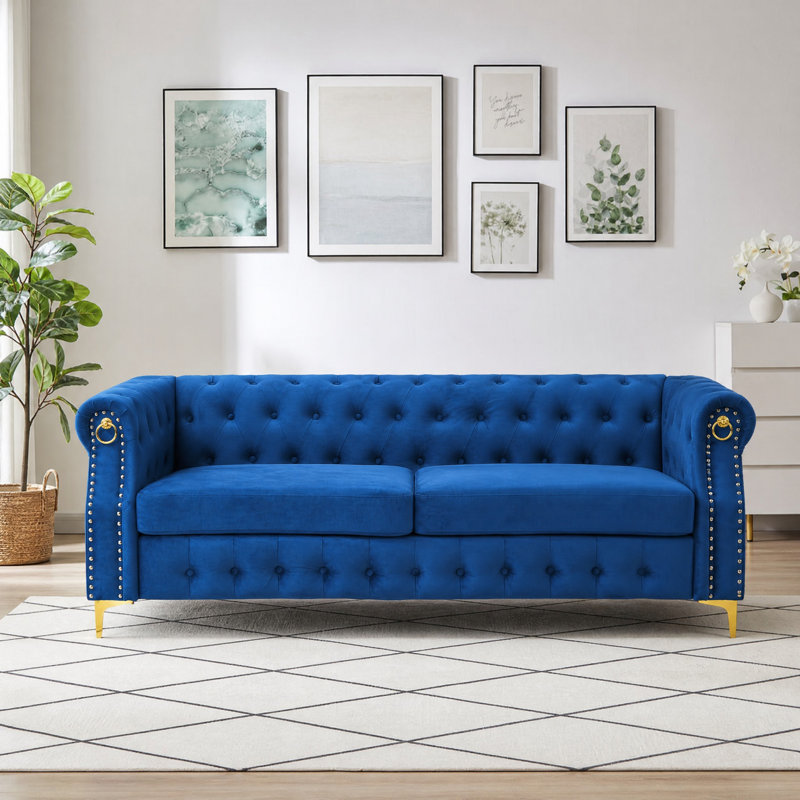  Canapé capitonné 83,5 po en velours Chesterfield, Bleu