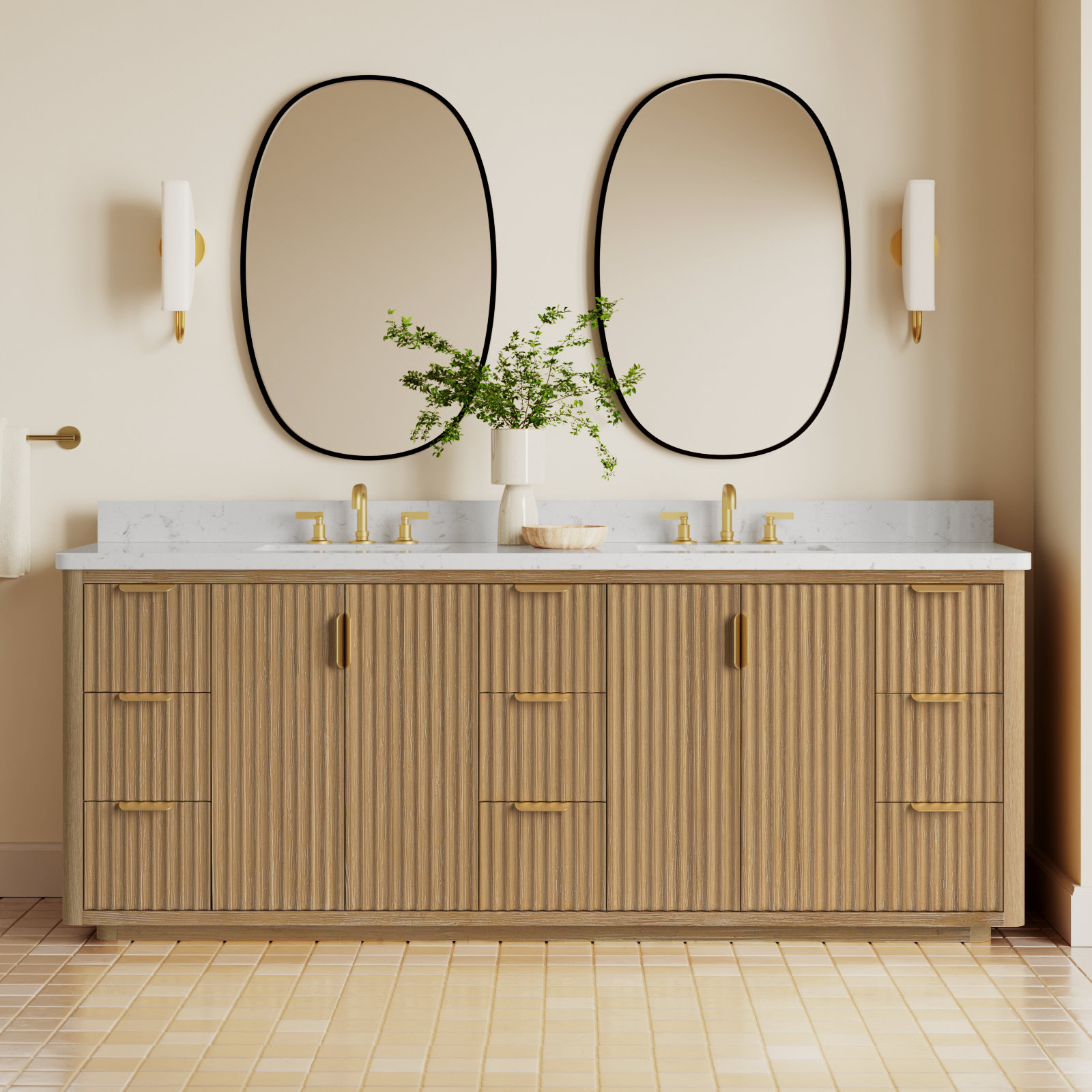 Adela 84'' Double Bathroom Vanity, White, Gold, Brown