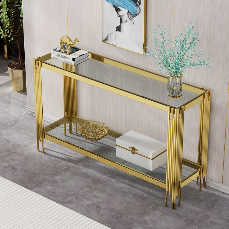 55" Tempered Glass Coffee Table for Living Room Modern Center Table with Stainless Steel Frame,Elegant Rectangular Accent Cocktail Sofa Table for Home Office