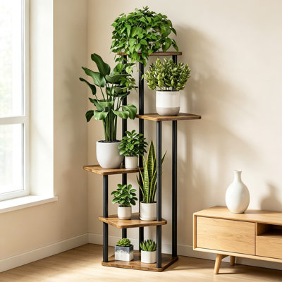 Grand support à plante d'intérieur pour le coin, cadre en métal à 5 niveaux avec tablettes en panneau de fibres à densité moyenne, support d'affichage vertical pour plusieurs plantes, organisateur moderne et élégant pour le salon, le balcon, le bureau