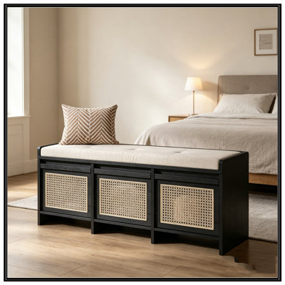 Banc de rangement avec tiroirs en rotin et bouton amovible