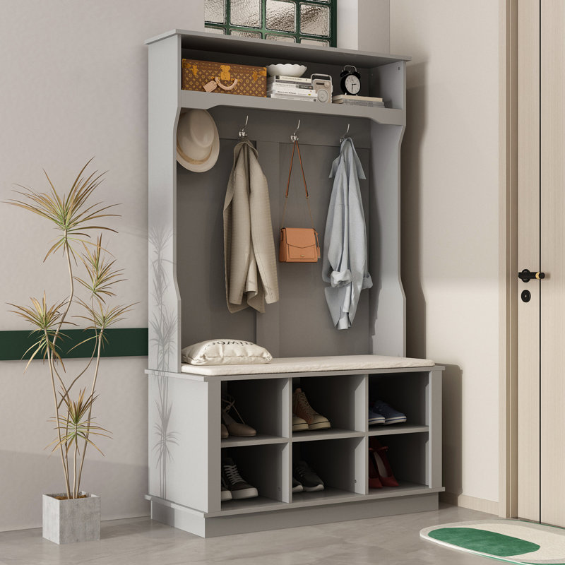 39.8 " Wide Hall Tree with Shoe Storage and Shelves, Gray