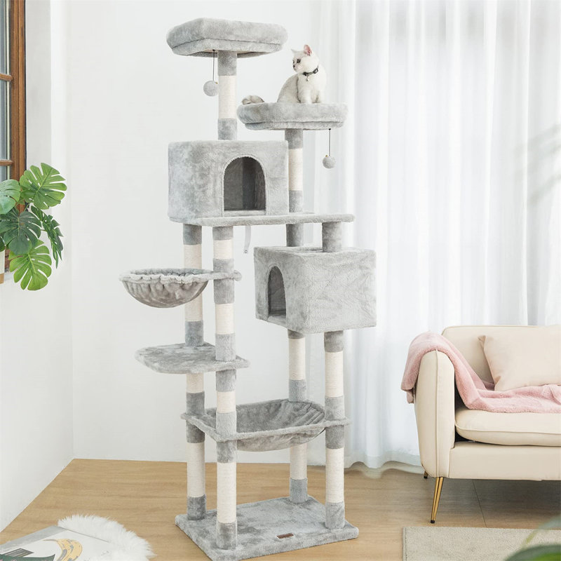 Arbre à chat haut, tour à chat de 75 pouces à plusieurs niveaux avec hamacs, poteaux à griffer, perchoir en peluche