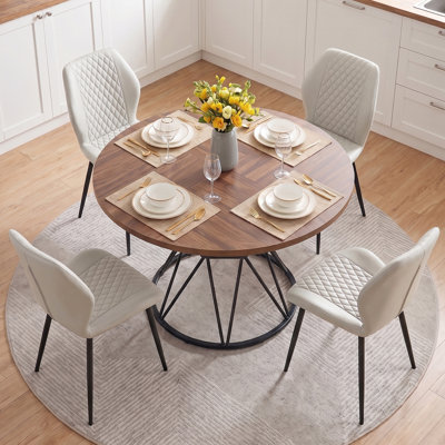 Donato 5-Piece Modern Dining Table Set, 47" Round Manufactured Wood Pedestal Table With Geometric Metal Base And 4 Diamond Quilted Faux Leather Chairs