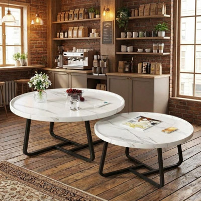 Ensemble de 2 tables basses rondes de style Mid-Century avec dessus en bois d'ingénierie et cadres en métal
