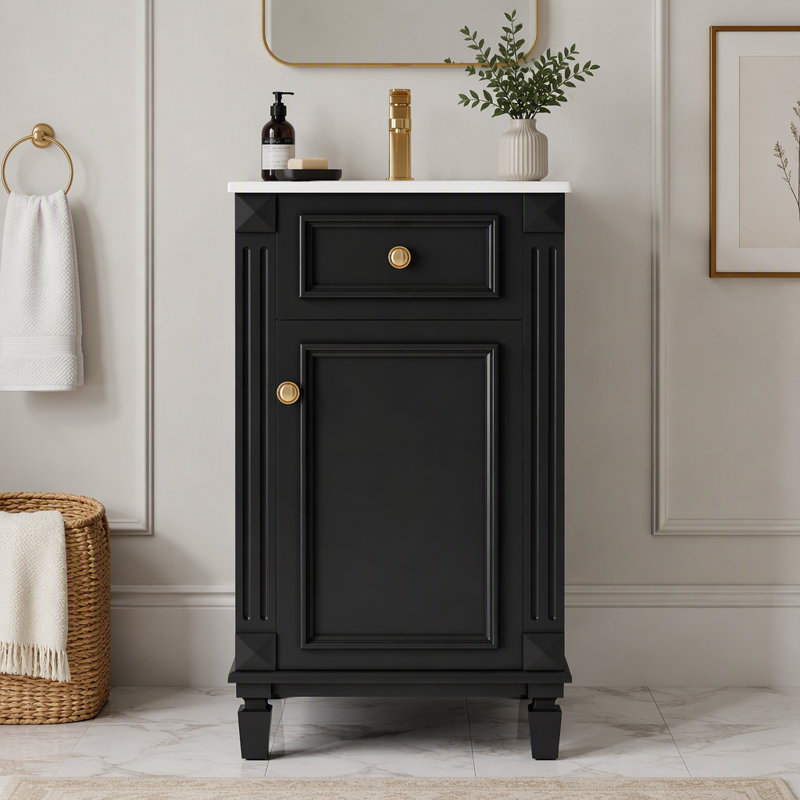 Meuble-lavabo de style français de 45,7 cm (18 pouces) avec porte à fermeture en douceur, Noir, Doré