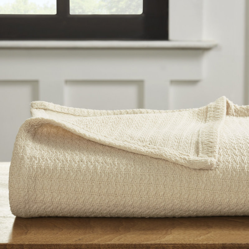Ivory Waffle Weave Honeycomb Knit Cotton Throw Blanket