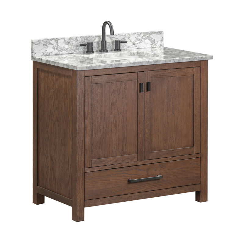 Modero 36" Single Bathroom Vanity with Top, Carrera White Marble, Mocha Oak, Black