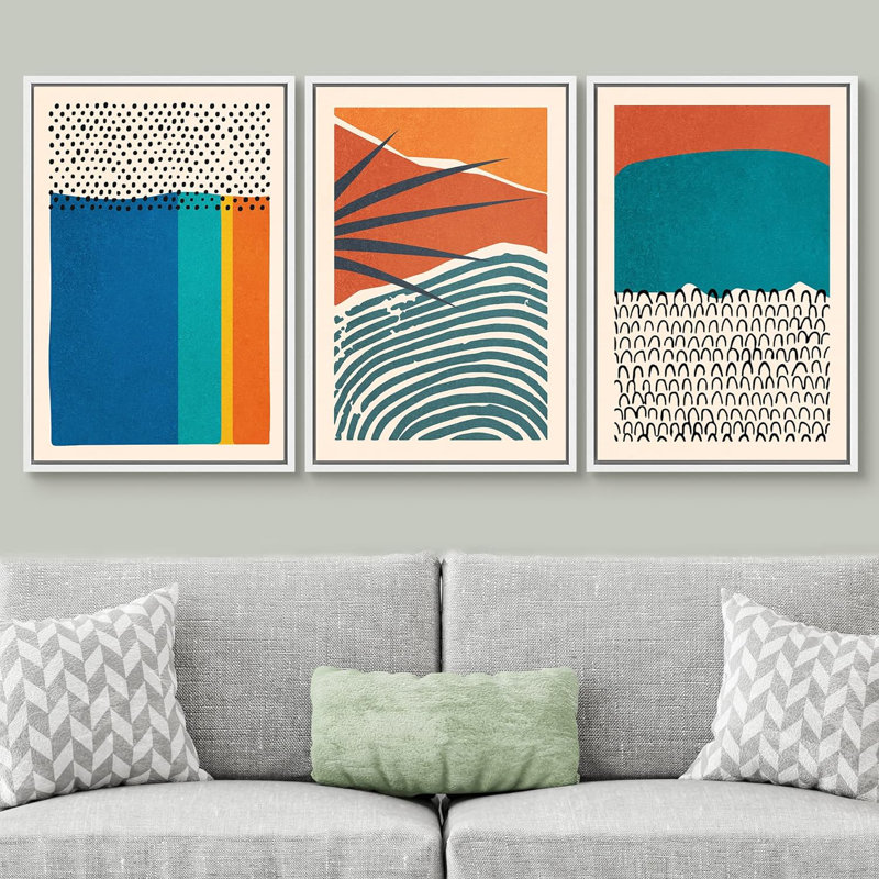 Abstrait, blocs de couleurs vibrantes et vibrantes, feuilles de palmier tropicales, impression sur toile, 3 pièces, Blanc