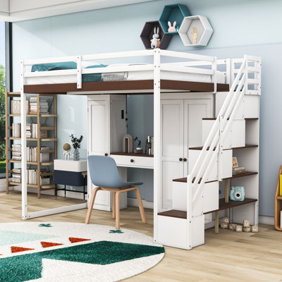Full Wooden Loft Bed With USB Charging Ports, Wardrobe, Light, Dressing Table And Shelves