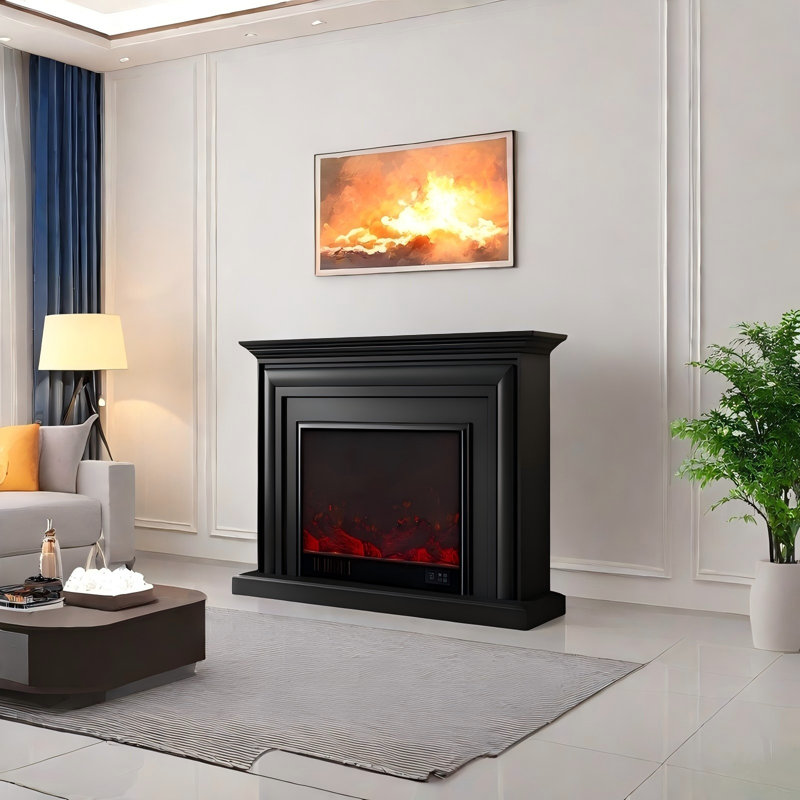 Foyer électrique noir en bois d'hévéa, H 40,16 po x l 47,24 po x P 12,99 po