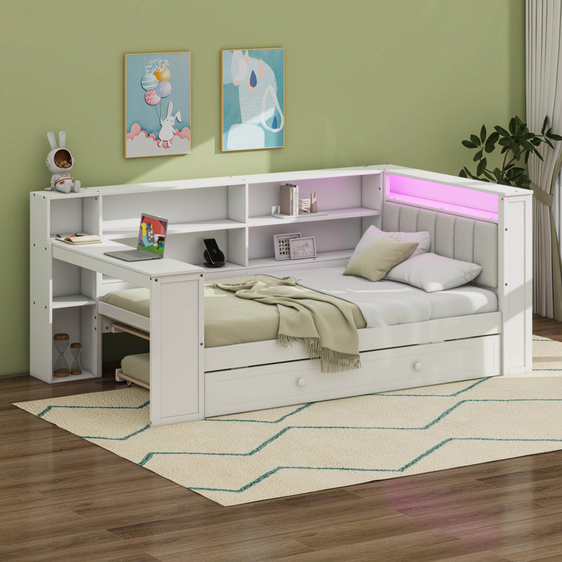 Wood Twin Size Platform Bed With Storage Shelves, Trundle, Charging Station, LED, Desk And Upholstered Headboard, White/Beige