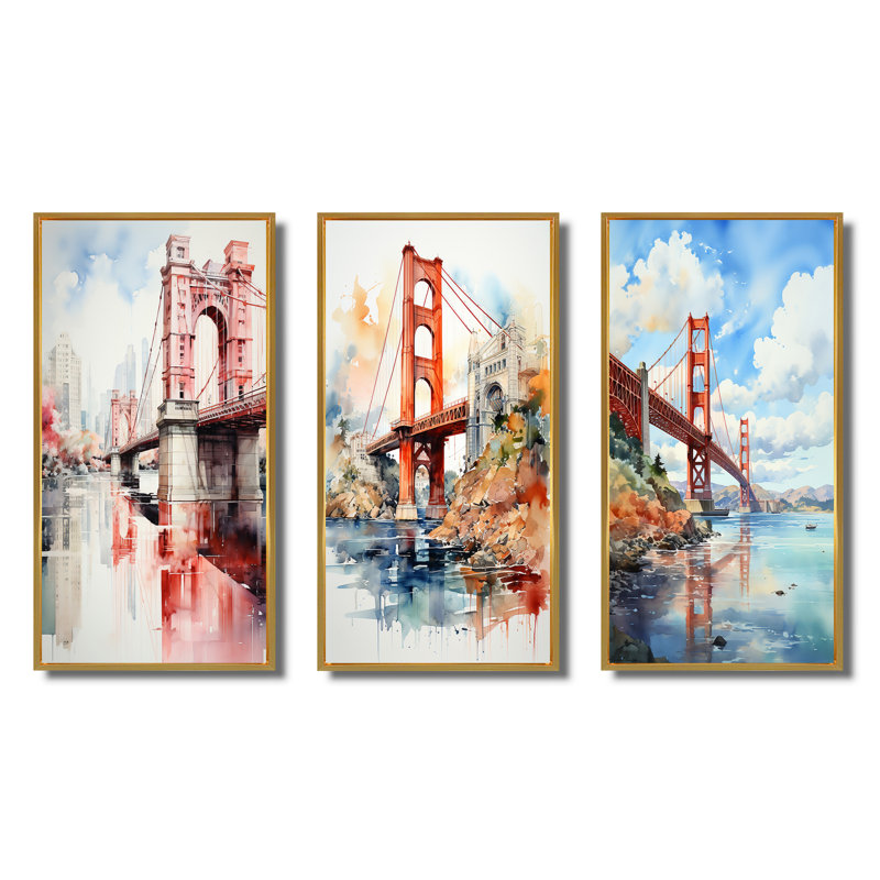 " Red Bridge Architectural Marvel " 3 - Pieces, Gold Framed, 20" H x 36" W