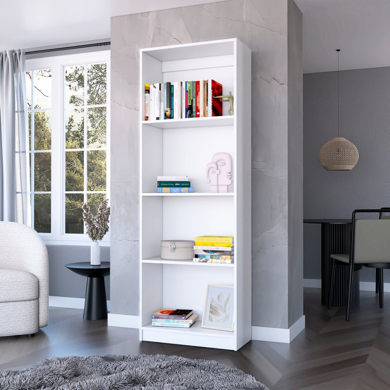 Bibliothèque blanche à niveaux avec 4 tablettes. Améliore la décoration intérieure. Mélange de classique et de moderne. Offre un espace de rangement abondant. 71,1 po de hauteur x 24,7 de largeur 11,7 de profondeur. Fabriqué en bois. Tablettes fermées à 4 tablettes en bois