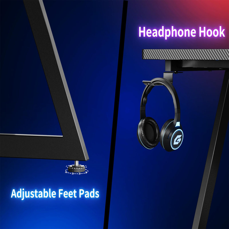 Gaming Table With LED Light, 120Cm Computer Table With Monitor Stand, L-Shaped Table With Headphone Hook, Corner Table With Shelf