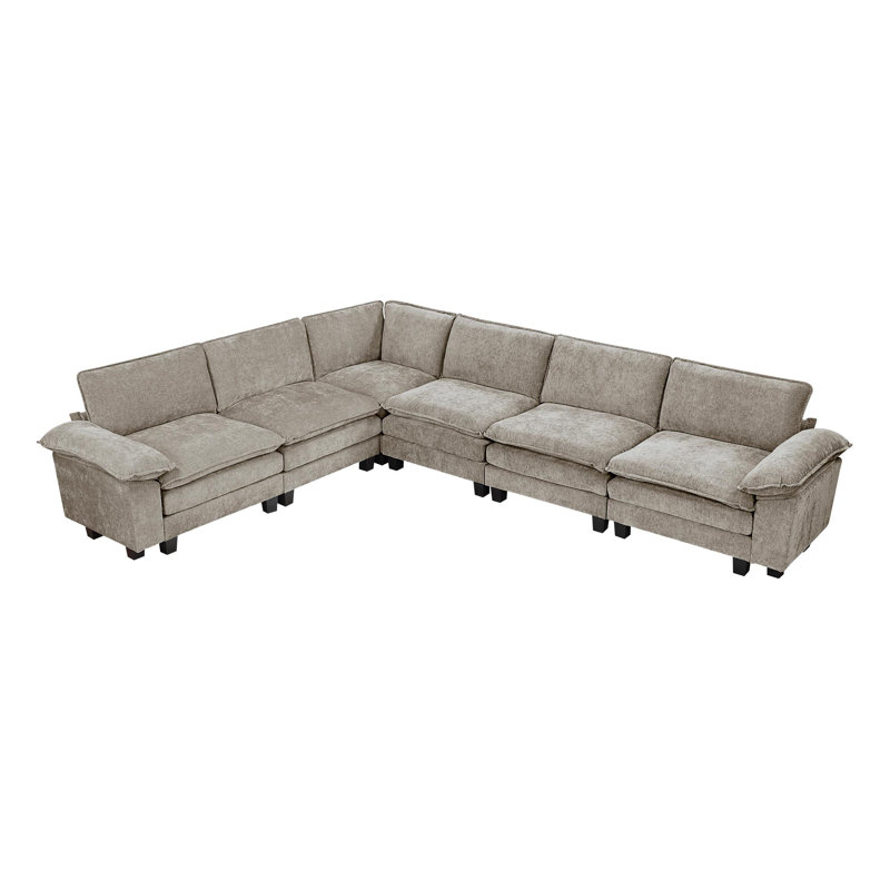 Modern Contemporary 6-Piece Modular Sectional Sofa, 35" H x 144" W x 110.5" D, Left Hand Facing, Brown Gray/Pewter Chenille