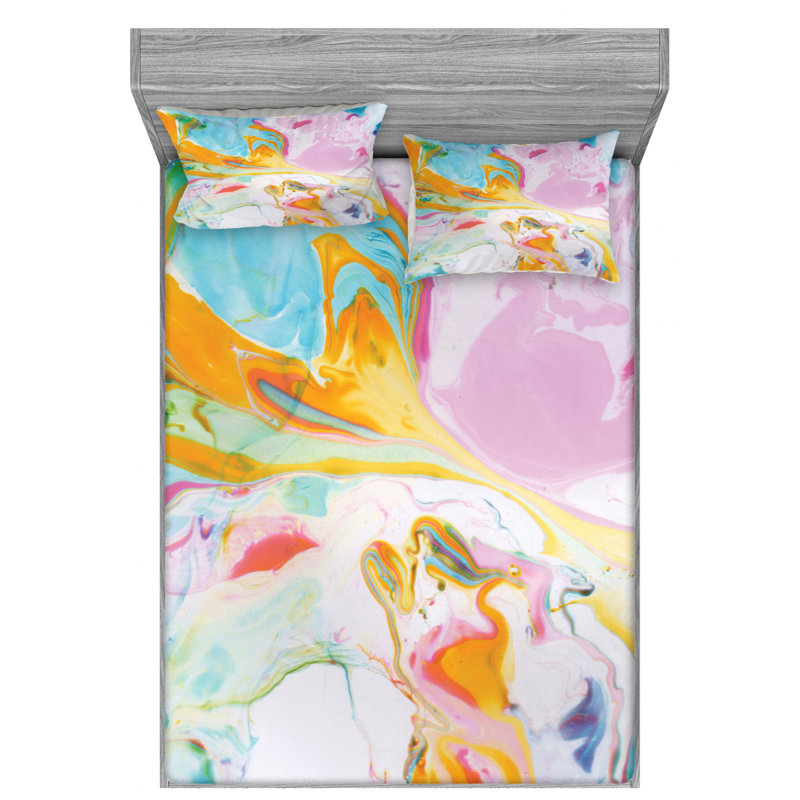 Microfiber Abstract Sheet Set, Queen Sheet Set with Fitted Sheet, Pink/Yellow/Light Blue, Abstract