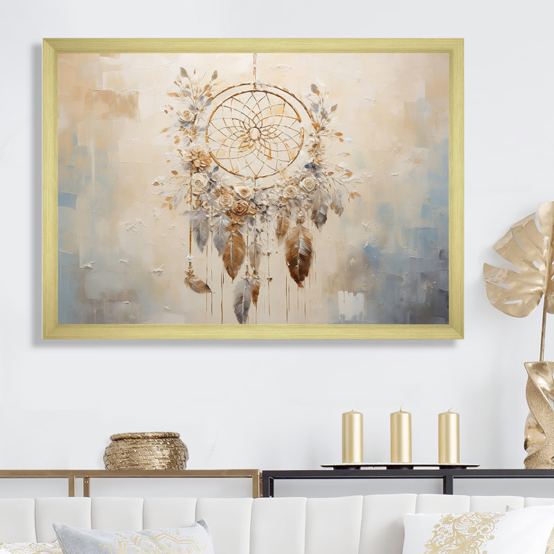 «Beige et gris fils de rêves», impression sur toile, Cadre doré simple, H 34 po x l 44 po x P 1,5 po