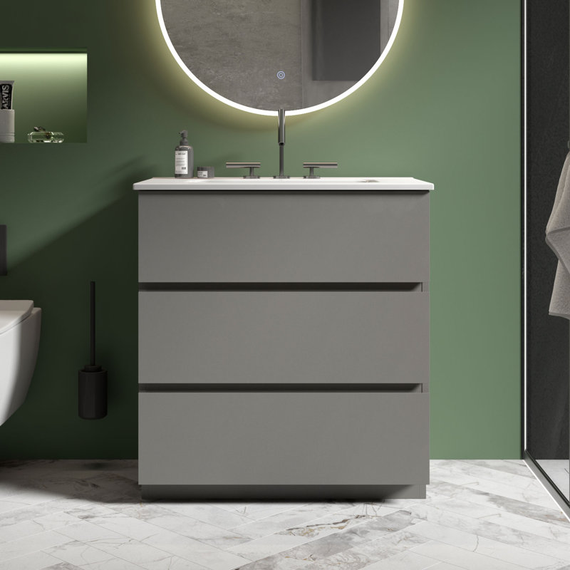 Meuble-lavabo simple avec plateau en céramique Derrance, Gris, 30"