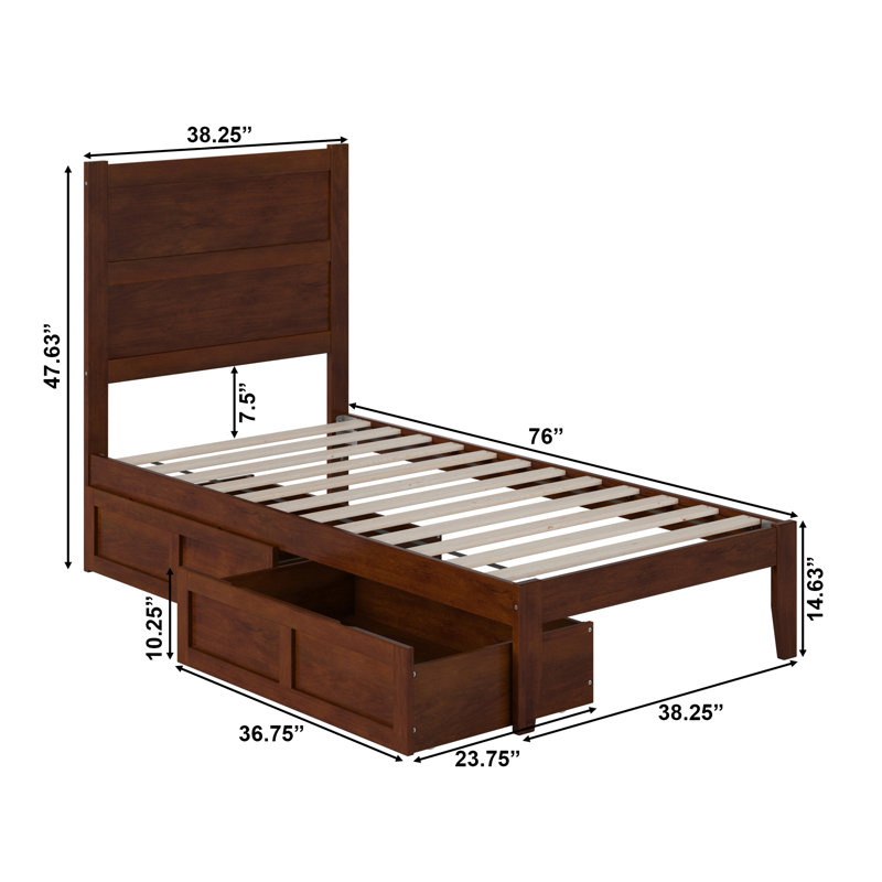 Lit plateforme en bois massif avec tiroirs de rangement Jaheim, Lit simple, Noyer