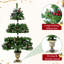 Assortiment de 6 pièces de sapins persistants, 4 arbres avec bases robustes, 1 couronne illuminée, 1 guirlande lumineuse, lumières blanc chaud