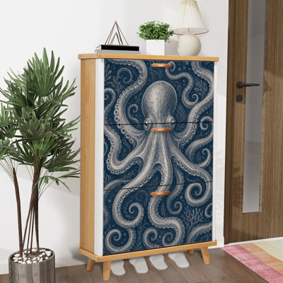 Shoe Storage Cabinet with 3 Flip Drawers for Vintage Octopus Intricate Tentacles Deep Blue Shoe Rack Storage Organizer