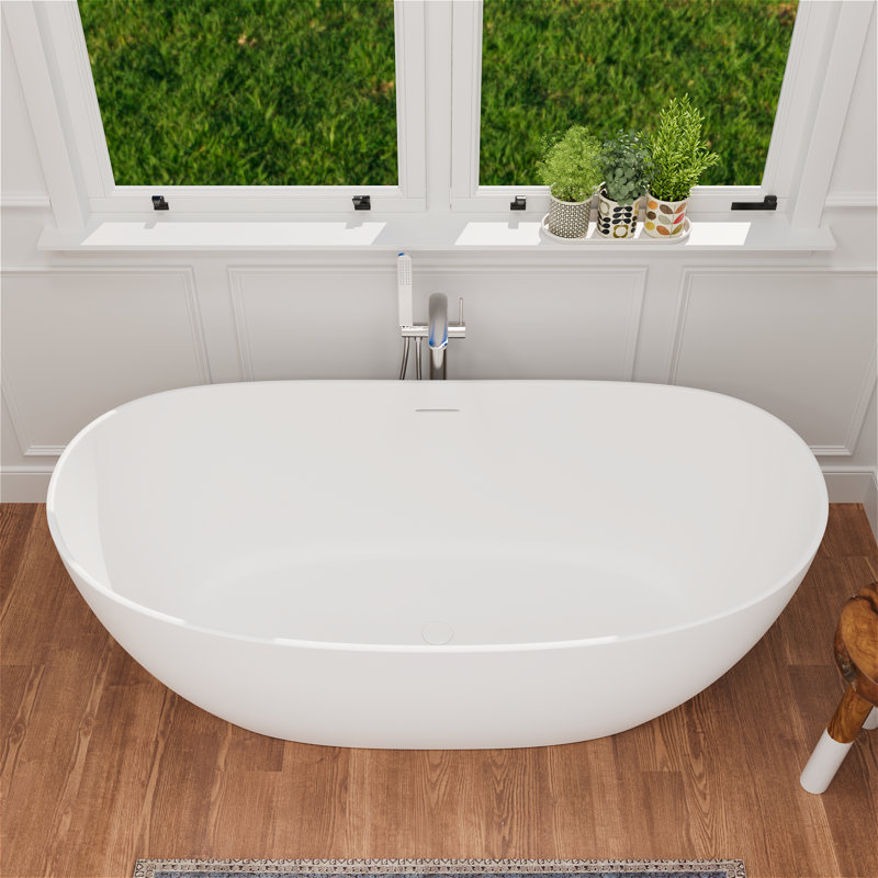 63" Freestanding Solid Surface Bathtub, Double Slipper Deep Soaking Tub with Pop-Up Drain & Overflow, CUPC Certified, Luxurious Design for Modern Bathrooms