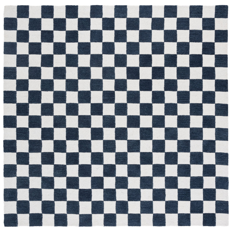 Towell Ebony Hand Tufted Wool/Cotton Geometric Rug in Blue/Ivory, Square 6'