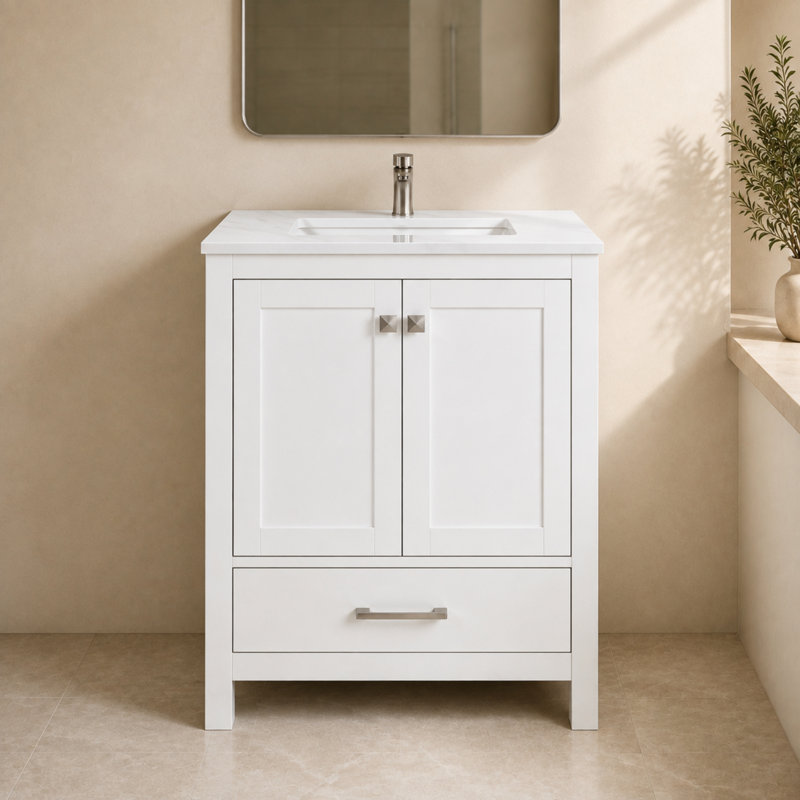 Ensemble de meuble-lavabo autoportant gris anthracite avec plateau en quartz de Carrare 30 po Anvay, Charcoal Gray