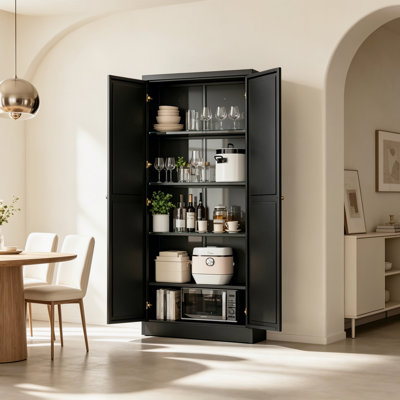 Armoire de cuisine en métal noir de 155 cm de haut, robuste et autoportante, avec 4 tablettes réglables et une capacité totale de 50 kg, idéale pour la cuisine, le garde-manger et le salon.