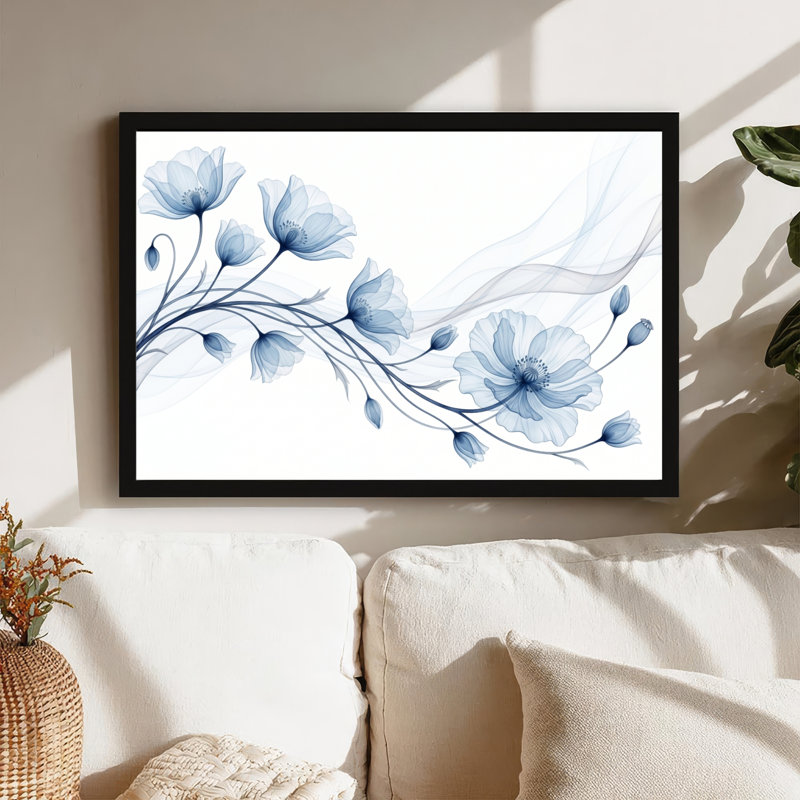 Toile noire encadrée en bois noir pour le salon, la chambre à coucher, le bureau ou le vestibule - décoration murale décorative avec motif floral bleu