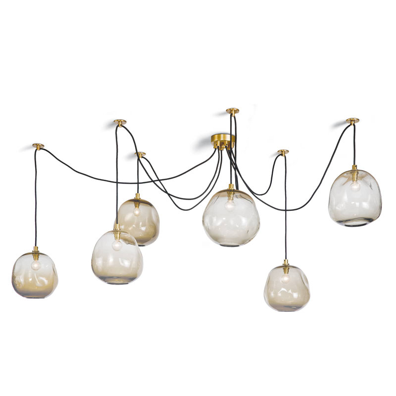 Molten Spider Brass and Smoke Glass 6-Light Chandelier