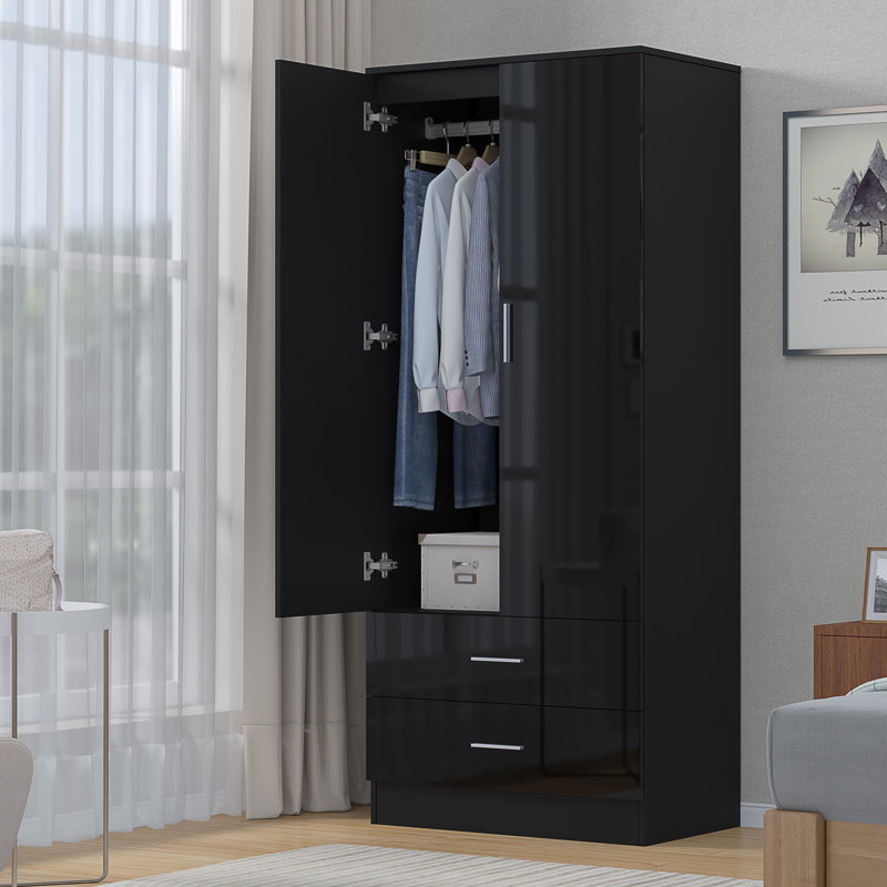 Eva High Gloss 2 Door + 2 Drawer Wardrobe - H: 180cm x D: 47cm x W: 76cm, Black Oak/Gloss Black