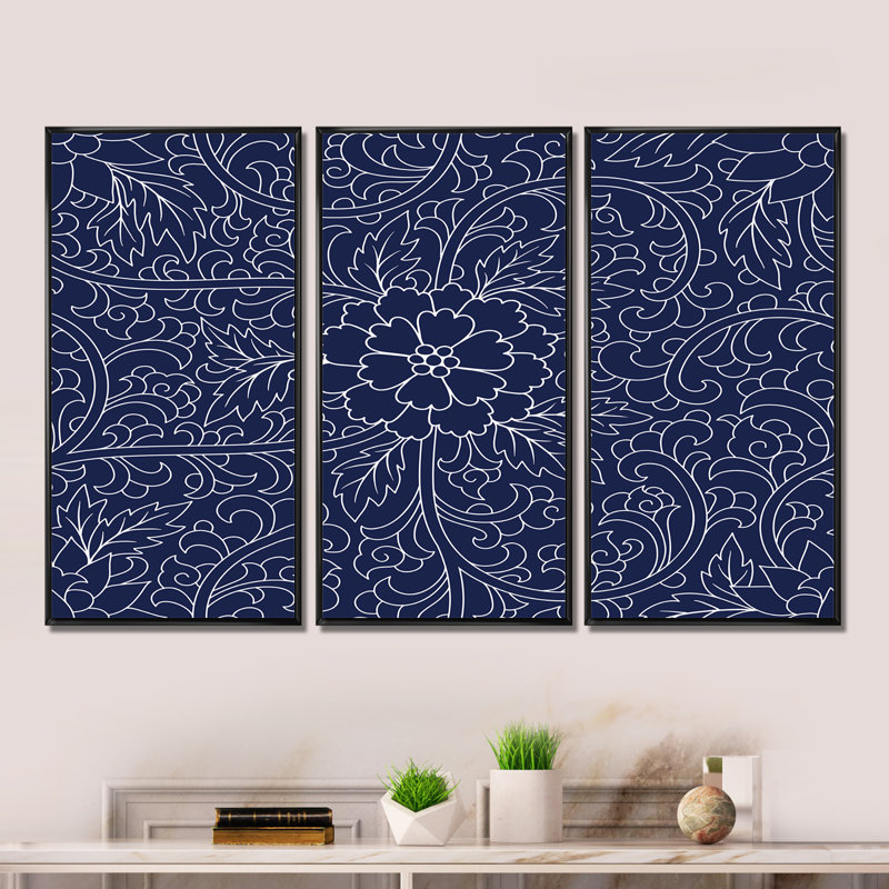 Motif chinois bleu foncé - ensemble d'art moderne sur toile encadrée moderne de 3, Noir, H 28 po x l 36 po x P 1 po
