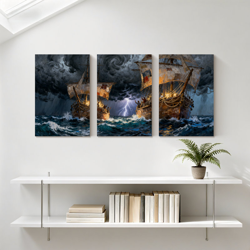 Ensemble de 3 impressions sur toile Nautical Stormy Seas, H 24 po x l 48 po